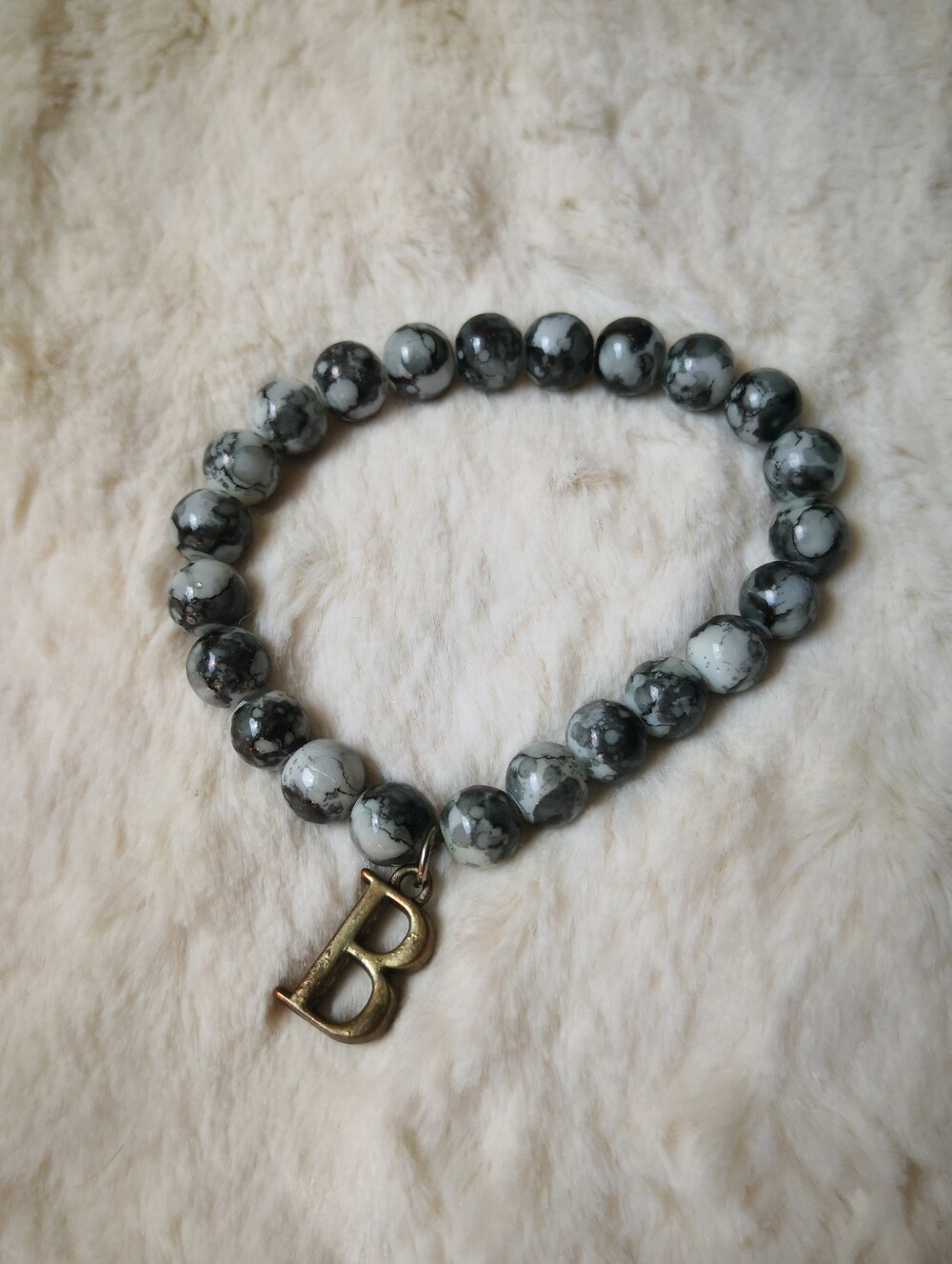 Gray Black Marbled Bead Bracelet with 'B' Charm